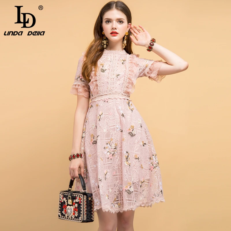 

LD LINDA DELLA Fashion Designer Summer Dress Women's Lace Ruffles Hollow Out Floral Embroidery Elegant Casual Vacation Dresses