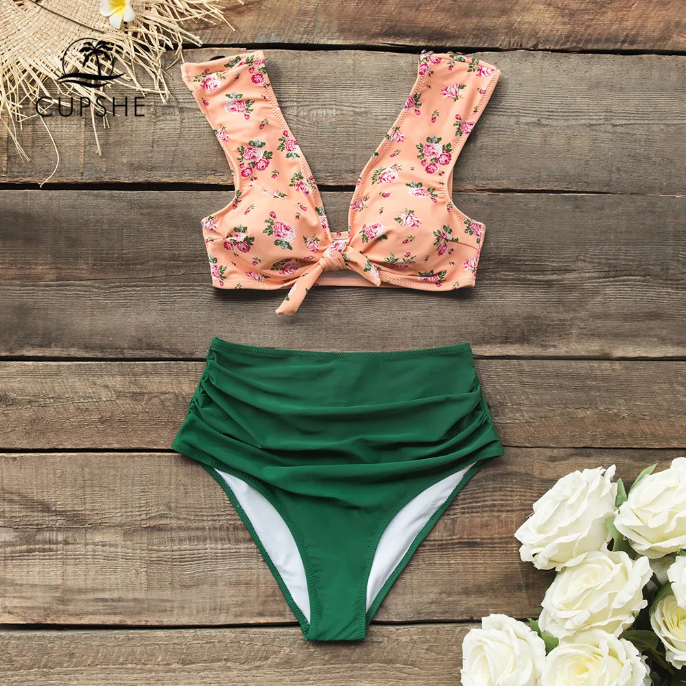 Preise CUPSHE Front knoten Rosa Blumen Und Grün High taille Bikini Sets Sexy Badeanzug Zwei Stück Bademode Frauen 2019 strand Badeanzug