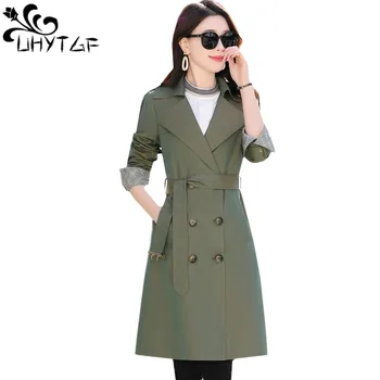 

UHYTGF long coat woman high quality spring windbreaker outerwear Double-breasted slim Feminine fashion trench coat Casual top 47