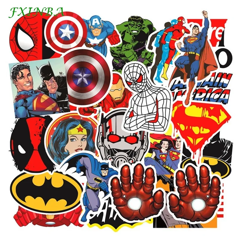 

FXINBA 50Pcs/Pack PVC Reusable Marvel The Avengers Anime Hero Sticker Waterproof Skateboard Laptop Stickers Fridge Kids Toys