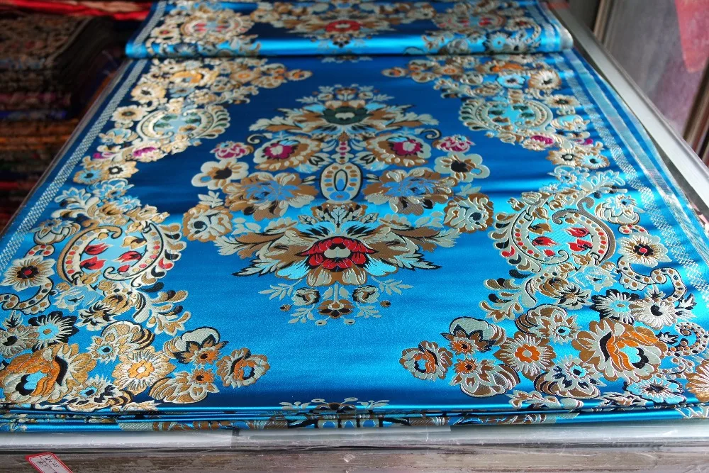 chinese traditional 75CM Polyester fabric brocade cheongsam lake blue back with big Positioned red gold green white pattern | Дом и сад