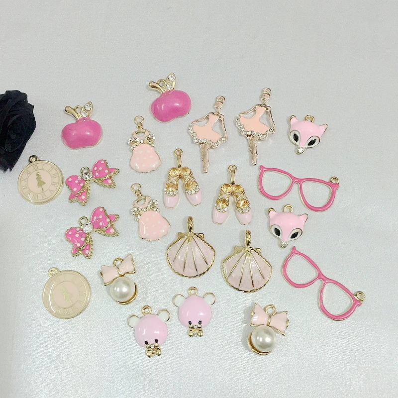 

Promotion 22Pcs Mix 11 Styles Pink Color Glass Rhinestones + KC Gold Glazing Alloy Pendants Jewelry Charms