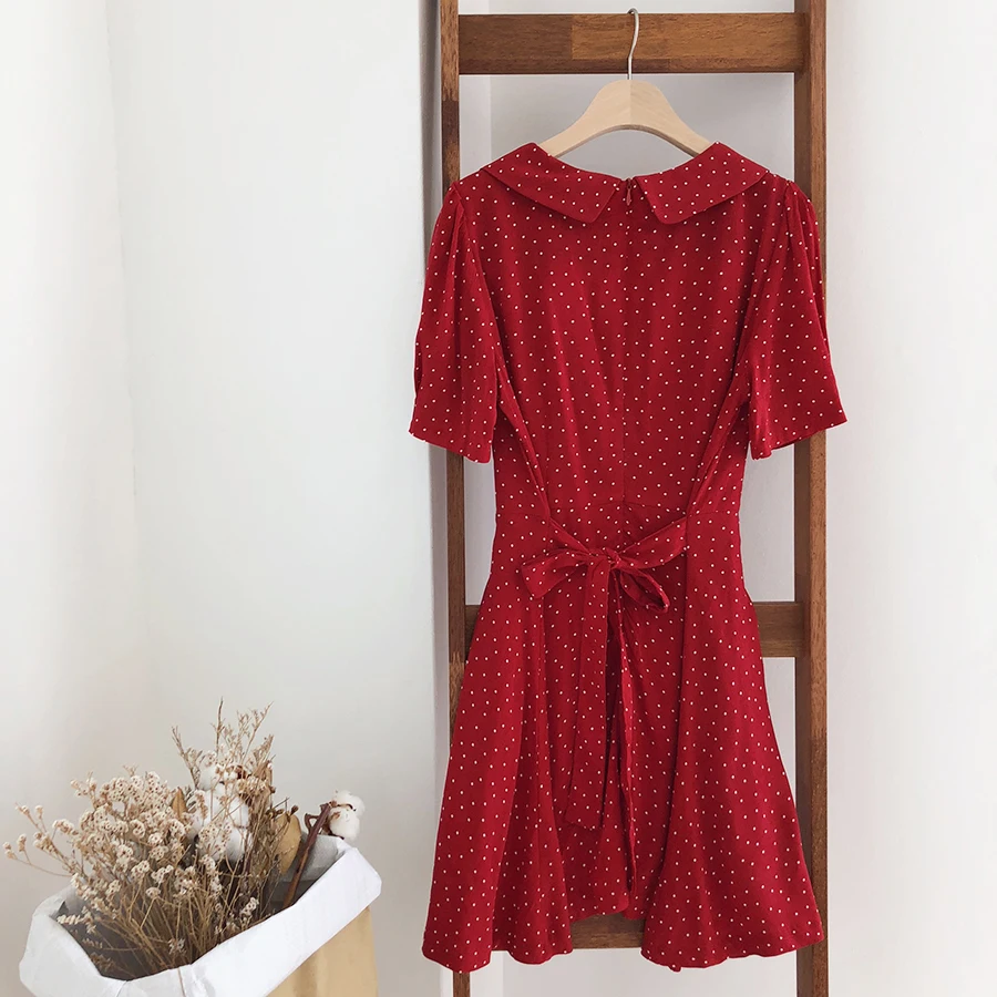 Платье с воротником в стиле Питера Пэна, женское модное платье в консервативном стиле, милое ТРАПЕЦИЕВИДНОЕ мини платье-рубашка в горошек, винтажное платье черного и красного цвета, 4126