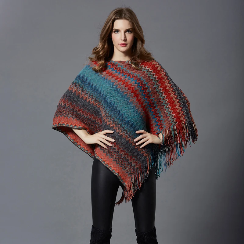 Ponchos and Capes 2019 Autumn Winter Batwing Sleeve Striped Tassel