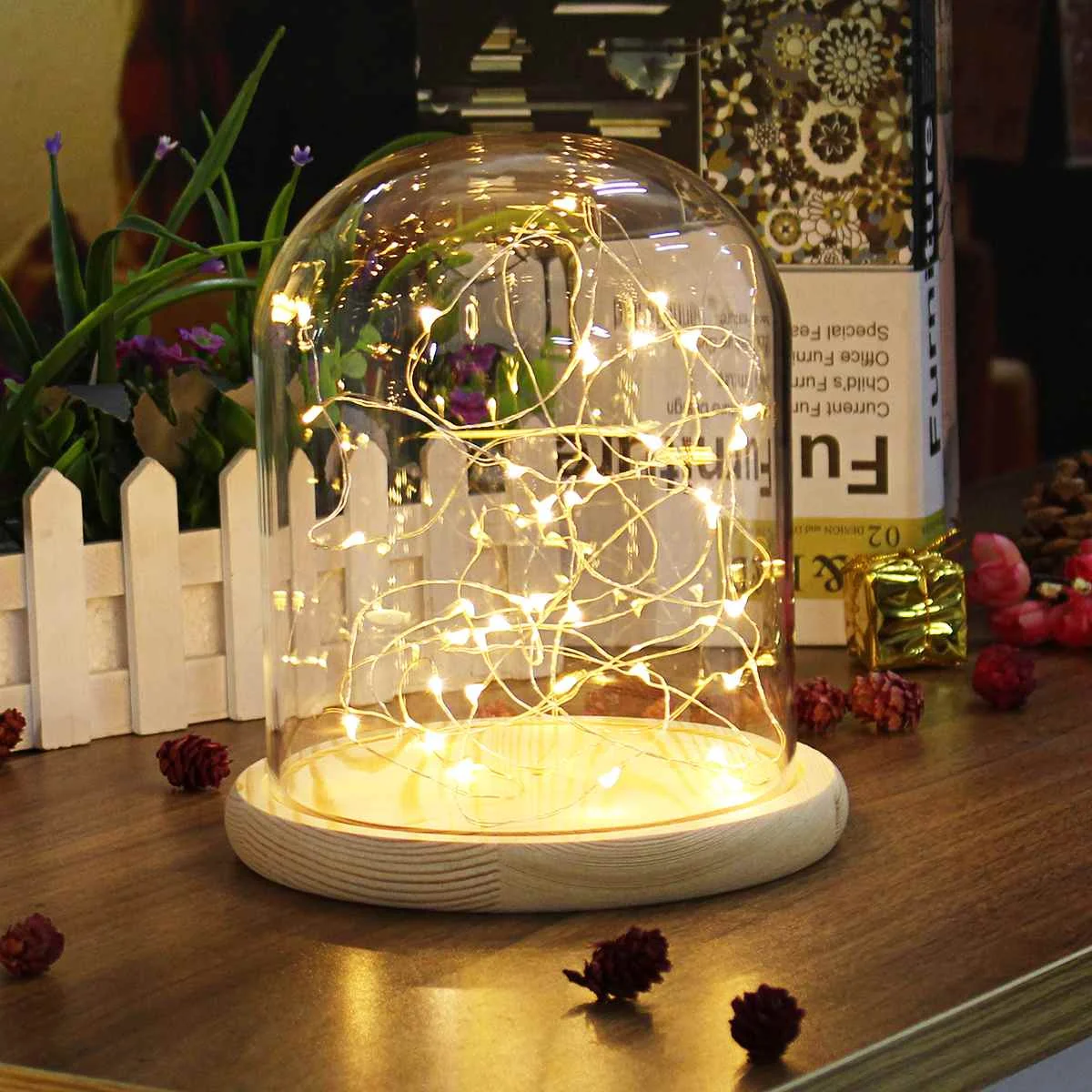 Kaufen Glas Dome Glocke Glas Cloche Display Holz Basis 20 LED Fee String Licht Wohnkultur Schlafzimmer Schreibtisch Nacht Licht für weihnachten Geschenk