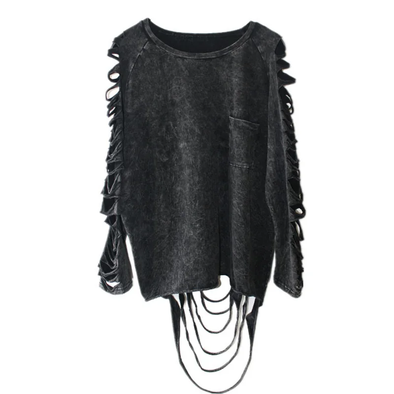

[XITAO] 2016 Hot sale Europe punk personality style women washing-black color hollow out and tassel women T-shirts YJ001
