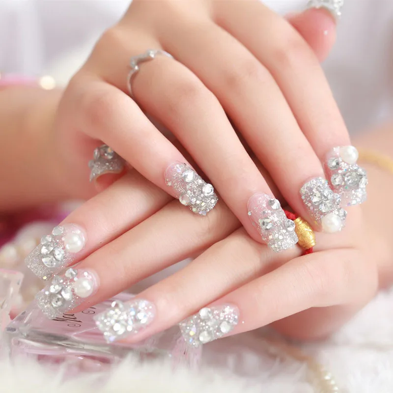 

Bride 3D Simulation Pearl Sequins Fake Nails Delicate Shining Rhinestone False Nails Middle-long Full Nail Tips With Glue