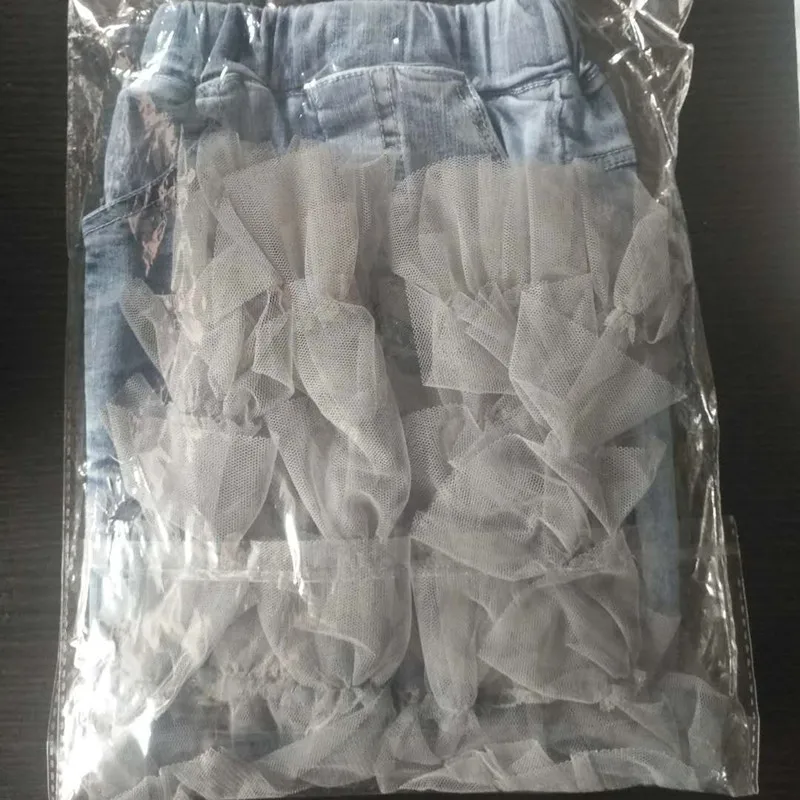 

Summer Suit New Korean Girls Solid Blue Jeans Stitched Up Layers Net Kids Denim Pants Sweet Princess Baby Girl Trousers