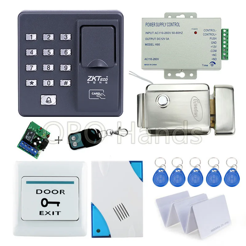 

Fingerprint scanner keypad rfid key fob reader X6+electronic lock+power supply+exit button+door bell+remote control+key cards