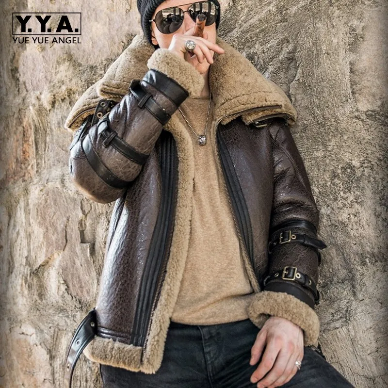 Mens Thicken Lamb Fur Jacket Lapel Leather Coats Winter Warm Real Casual Outwear