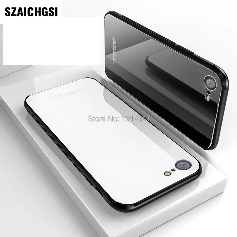

SZAICHGSI Luxury Back Glass Phone Case For iphone 8 7 X Anti-knock Glass + Silicone TPU Cover For iphone 10 8 7 Plus Case 100pcs