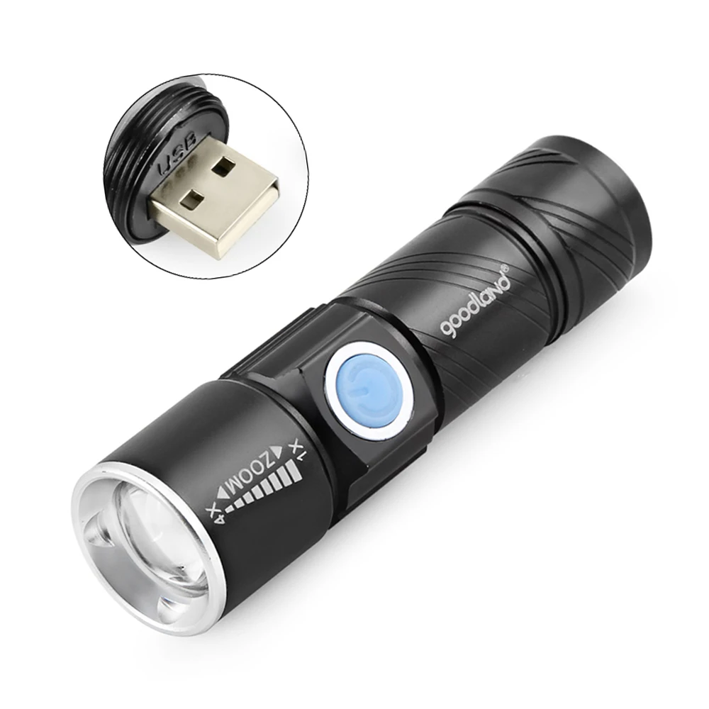 USB Handy LED Flashlight Mini Rechargeable LED Torch 3 Modes Zoomable