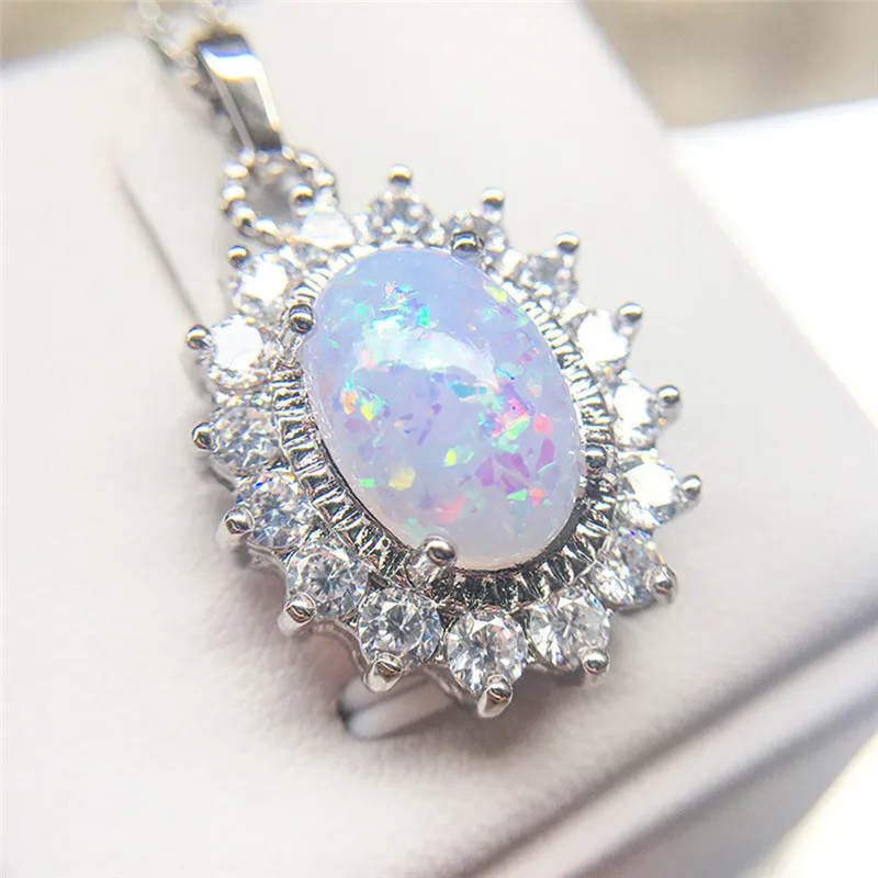 

ROMAD Opal Necklace for Women Fire Stone CZ Crystal Necklace Female Oval 4 Claws Wedding Engagement Necklace Charms Jewelry R4