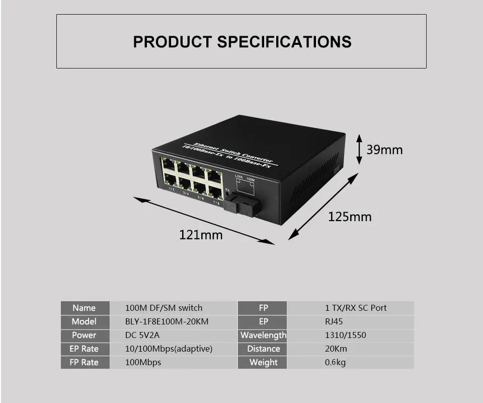 Лидер продаж волокна media converter 1 пара 8 SC rj45 и 1 один оптический порт 10/100 Мбит/с быстро Etherent волокна переключатель для сетей