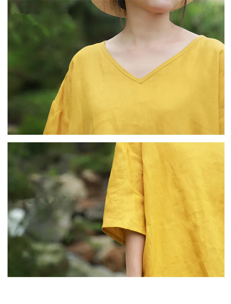 LZJN Women Tops and Blouses 2019 Summer V Neck Short Sleeve Linen Shirt Casual Loose Work Blouse RetroTop Plus Size Blusas (14)