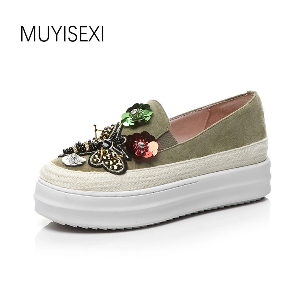 

Women's Genuine Leather Bling String Bead Butterfly Flat Platform Height increase Shoes Sneaker Loafers Green Black MUYISEX BB07