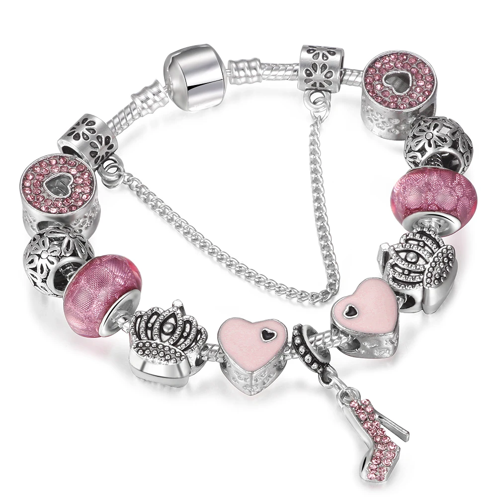 

High Quality Sliver Color Crown Charms Bracelets Fashion Love High Heels Pendant fit Pandora Bracelets & Bangles Women Jewelry