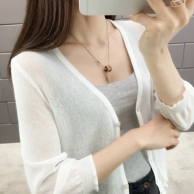 2019 New spring and summer summer female knit iced silk v-neck cardigan jacket with semi-permeable 2019 New spring and summer summer female knit iced silk v-neck cardigan jacket with semi-permeable