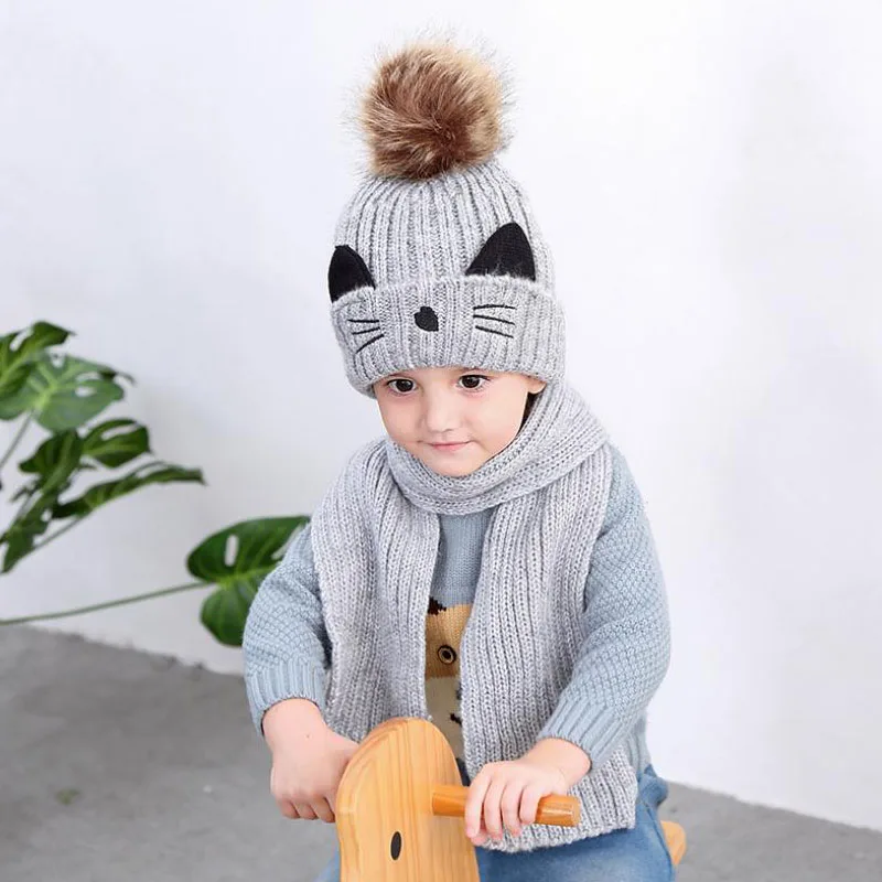 Cartoon cat hairball beanies sets velvet wool kids Child Knitted fur hats winter fur inside 2 pcs baby girl scarf hat set