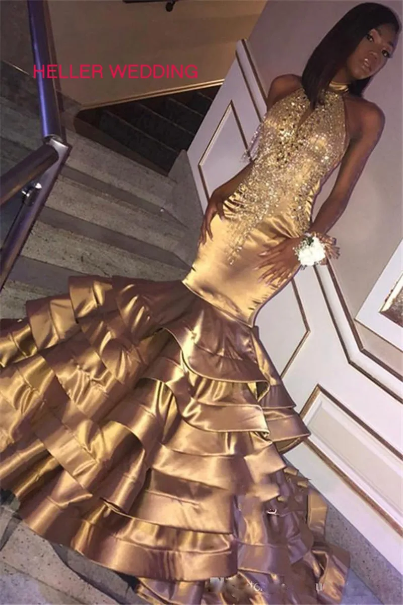 

African Prom Party Dresses Crystal Beading High Neck Floor Length Mermaid Prom Dresses 2019 Engagement Dress