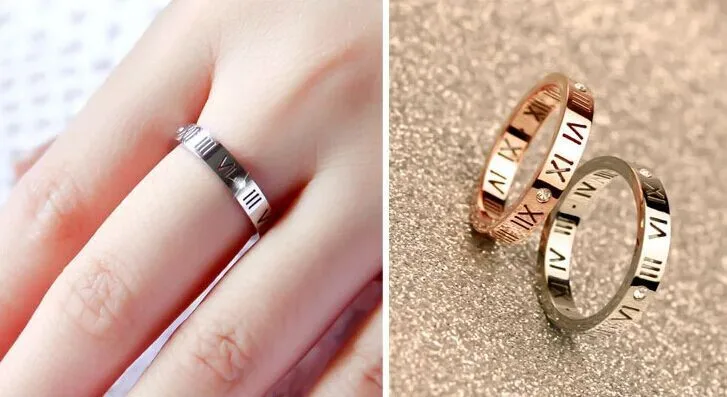 Модные ювелирные изделия элегантный темперамент выдалбливают счастливые римские цифры покрытие из розового золота титановое стальное кольцо