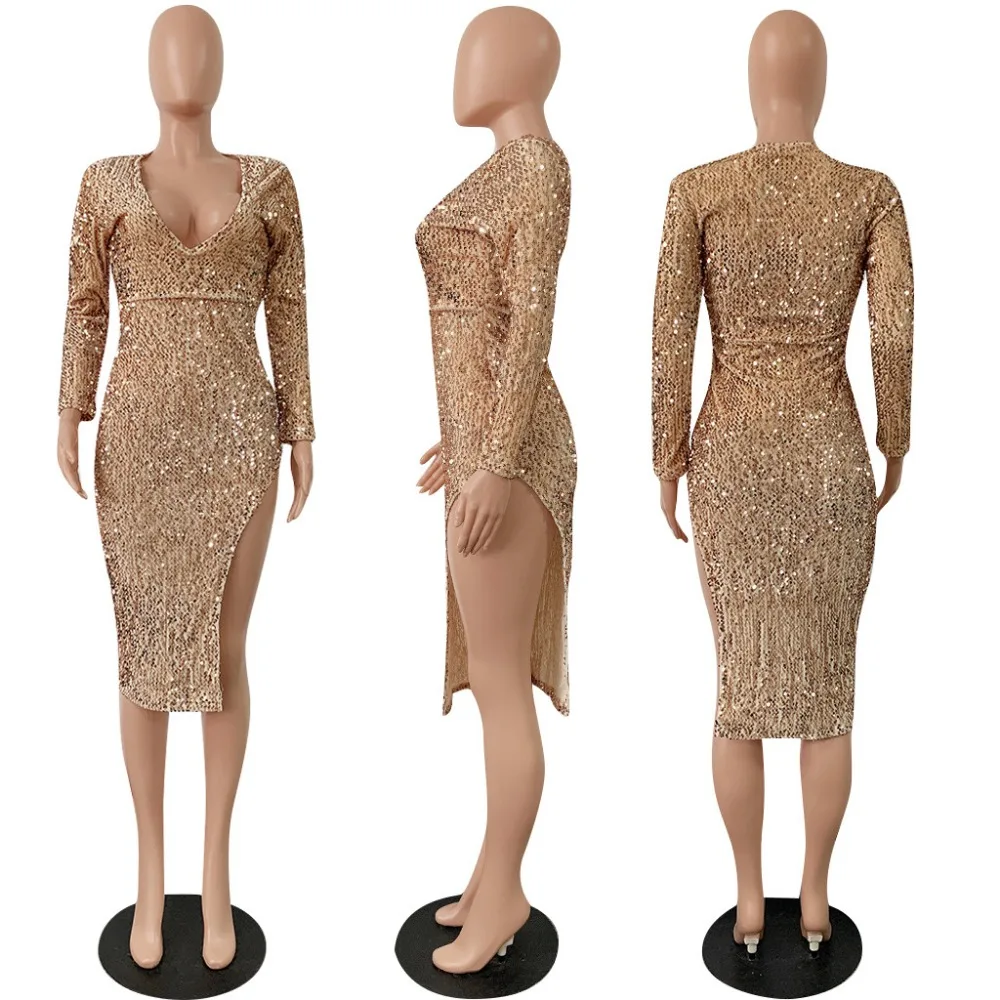 Sexy Sequined dress Women Spring Autumn 2019 long-sleeved V-neck high open banquet dress female hot women Night Club party dress  (11)