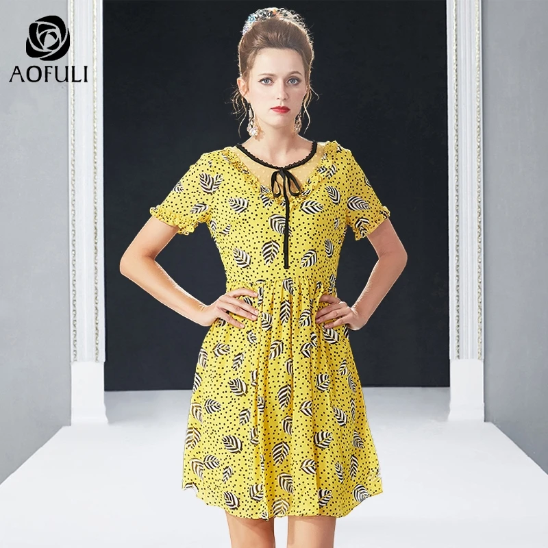 

AOFULI L- 4XL 5XL Yellow Printed Summer Dress Leaf Dots Pattern Big Size Lady Ruffle Short Sleeve Bow Casual Chiffon Dress A4017
