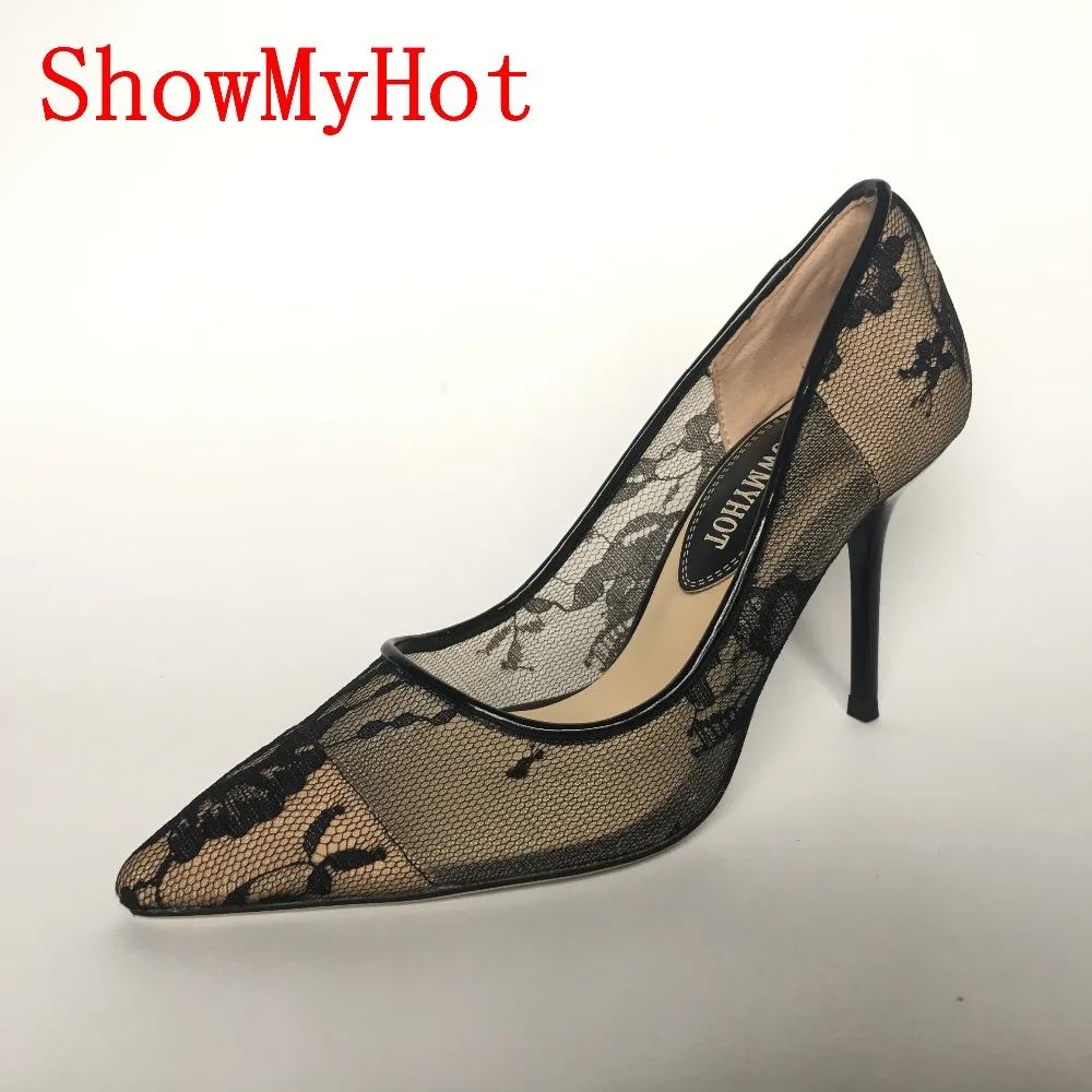 ShowMyHot/женские весенние кружевные туфли-лодочки с острым носком без застежки; женские дизайнерские свадебные пикантные туфли для вечеринок; классические свадебные туфли-лодочки на высоком каблуке