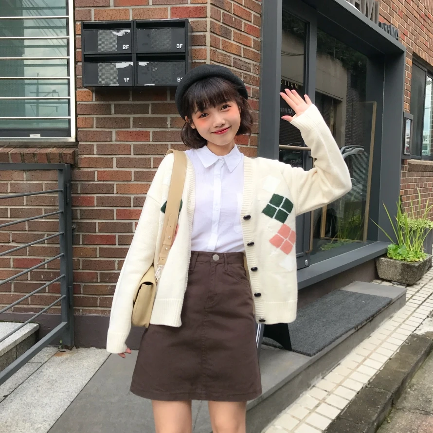 

autumn womens sweaters 2019 winter coat harajuku korean fashion personality retro square diamond knitted cardigan women sweater