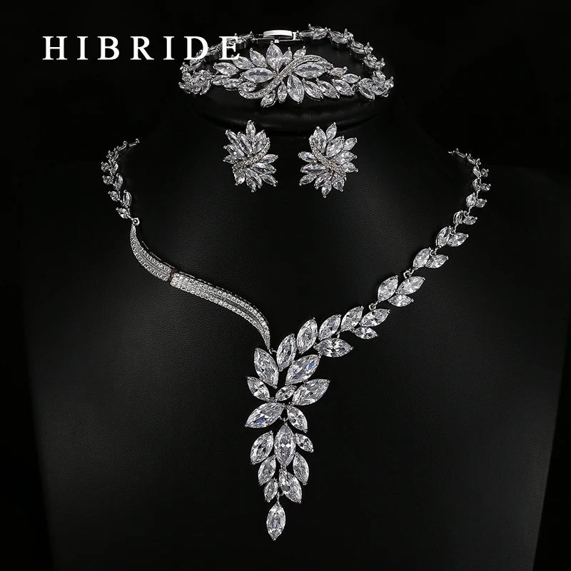 HIBRIDE Luxury New Design AAA Cubic Zirconia Necklace /Bracelets/Earrings ,White Gold Color Women Wedding Jewelry Sets N-61