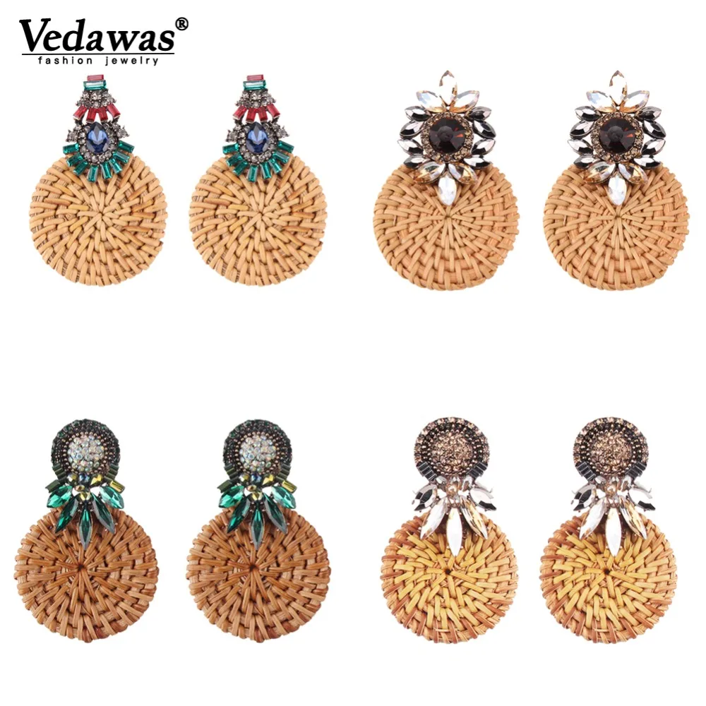 

Vedawas Bohemian Statement Crystal Earrings for Women Trendy Handmade Bamboo Rattan Weaving Dangle Drop Earrings Jewelry xg1284