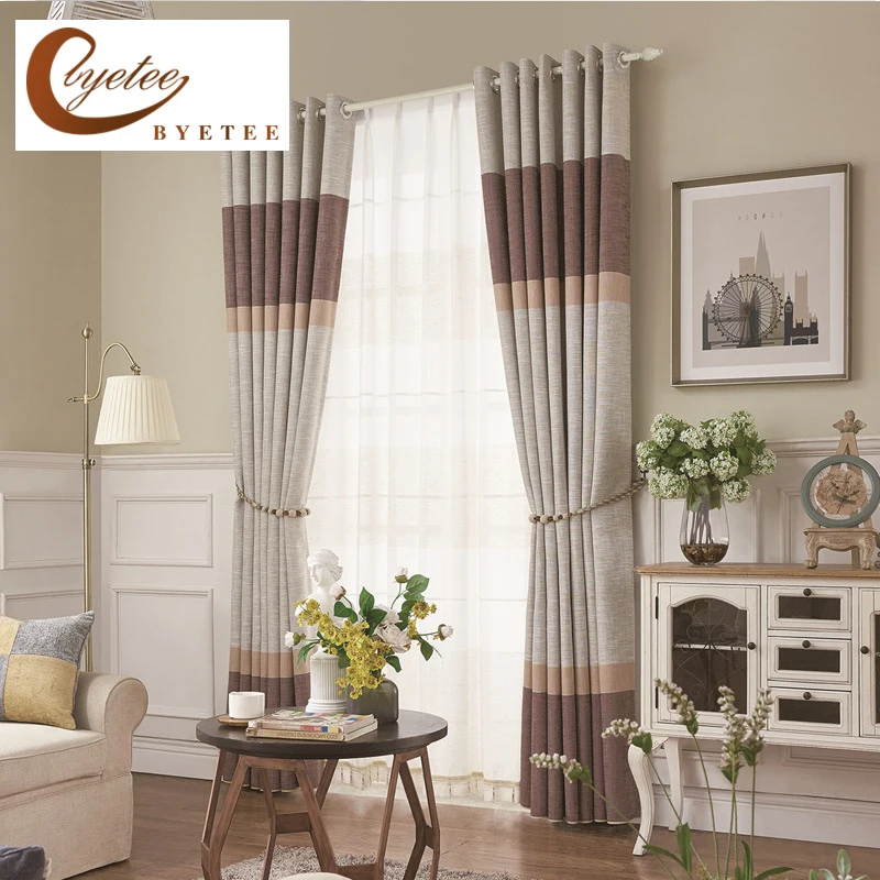 

{byetee} Faux Linen Modern Living Room Window Kitchen Blackout Curtains Doors For Bedroom Striped Drapes Cortina Curtain Fabrics