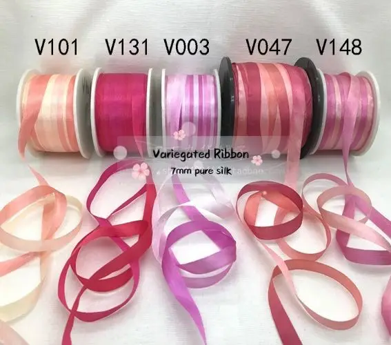 

7mmX10m/roll variegated colors of 100% pure silk embroidery ribbon thin taffeta high quality silk ribbon Anya Ribbon Handcraft