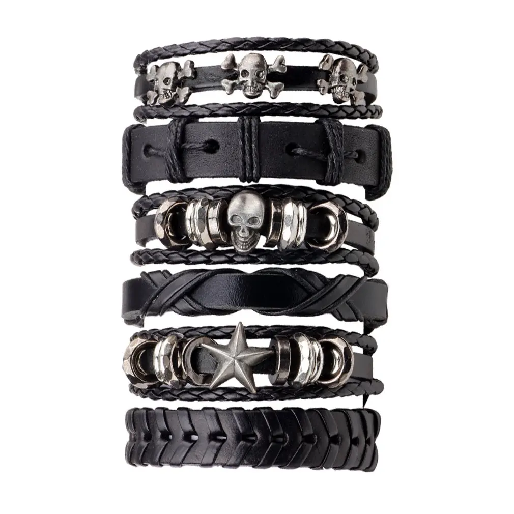 

6pcs/pack Handmade PU Leather Black Men Multilayer Braided Skull Decoration Men's Bracelet Jewelry Best Gift