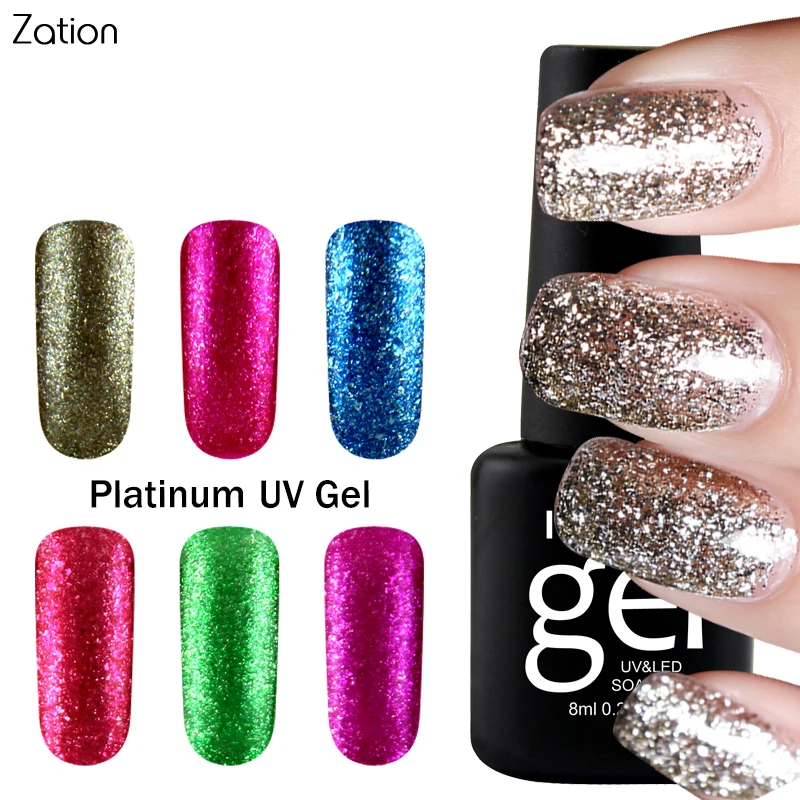 Zation UV 8ML Gel Nail Polish Foil Adhesive Removable 12 Color Platinum