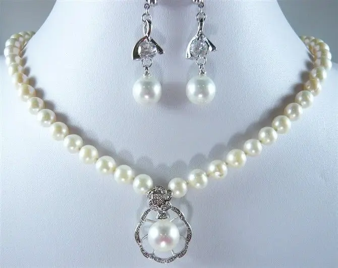 

New Design 8mm Pure White Shell Pearl Necklace Pendant Necklace Earrings Set AAA style Fine Noble real Natural free shipping