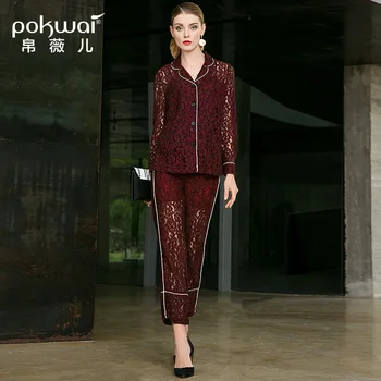 

POKWAI Autumn Women New Openwork Lace Pajamas Wind Retro Casual Suit Fashion Two-Piece