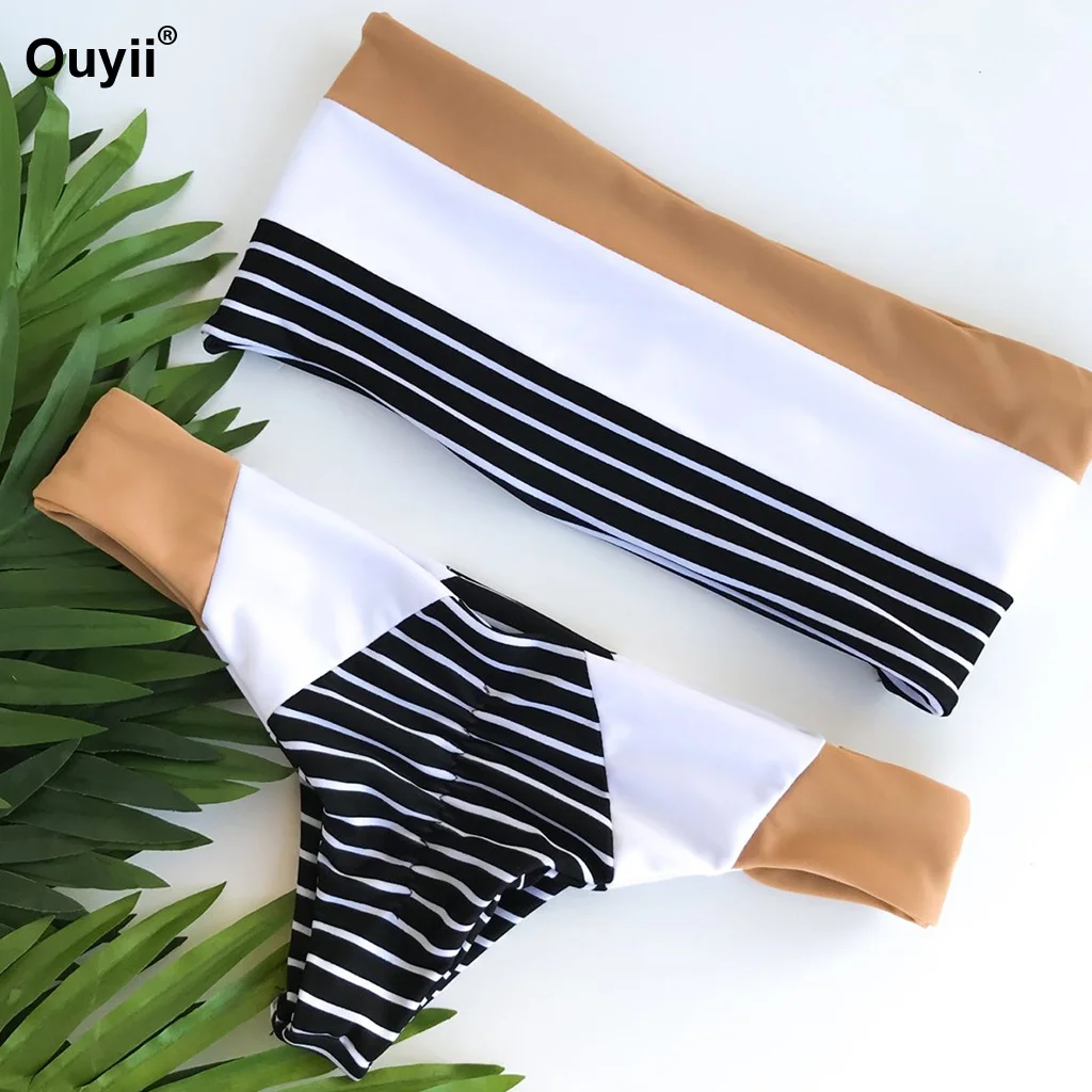 Bandeau Bikini Set Women Swimsuit Striped Bathing Suit Swimwear Thong Bathing Suit Ruched Biquinis Maillot De Bain Swimming Suit