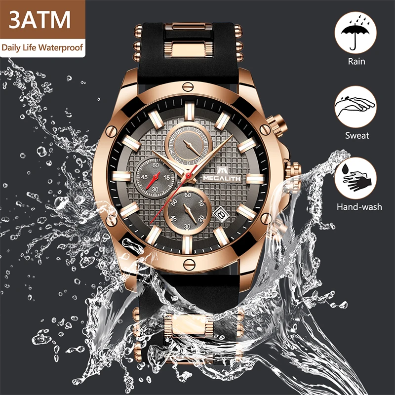 Модные мужские часы MEGALITH с хронографом и силиконовым ремешком, Спортивные кварцевые мужские светящиеся водонепроницаемые часы, мужские часы