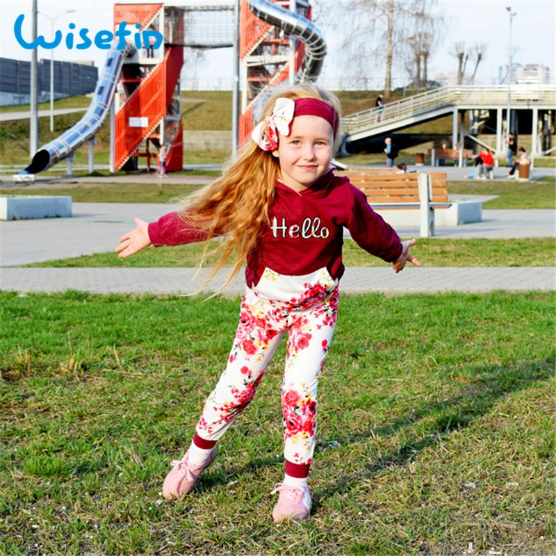Wisefin/детская одежда, комплект для девочек, с длинными рукавами, винно-красный, одежда для маленьких девочек осенне-весенний детский комплект одежды, толстовка с капюшоном+ штаны