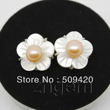 >>>>> 5 шт. натуральный розовый пресной воды перл и швабры оболочки цветок серьги