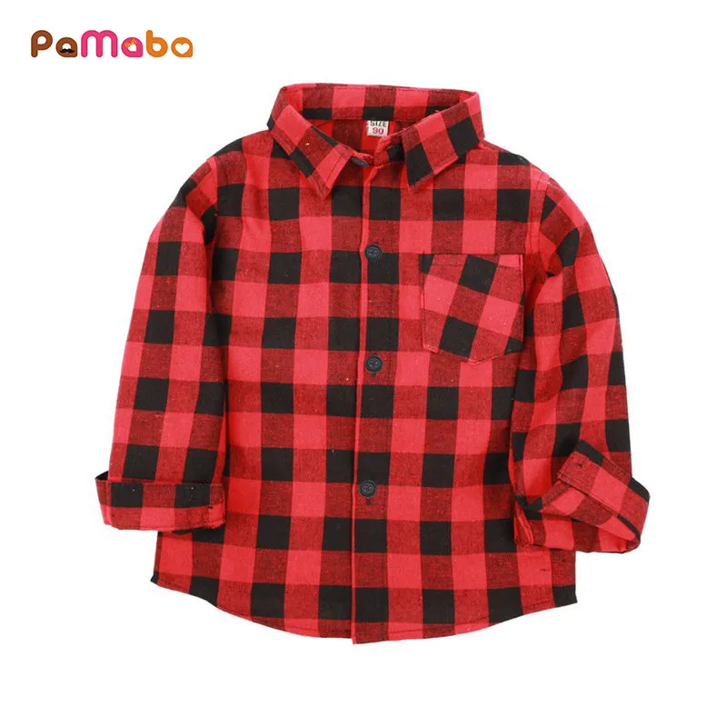 

PaMaBa Boys Plaid Shirts in Red Blue White Fashion Kids Roll up Blouses Spring Autumn Winter Clothes Cotton Child Pocket Shirts