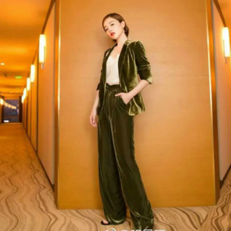 2 piece set women 2018 new style autumn gold velvet lady high-end Korean temperament leisure suit OL occupation fashion suits