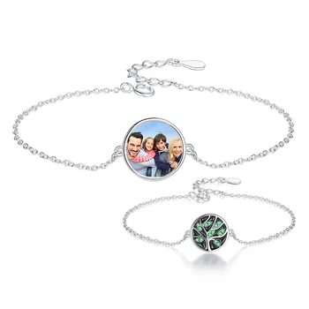 

Forew Luxury 925 Sterling Silver FAMILY TREE With GREEN CUBIC ZIRCONIA Charm Bracelet Women Custom Photo Personalized Jewelry
