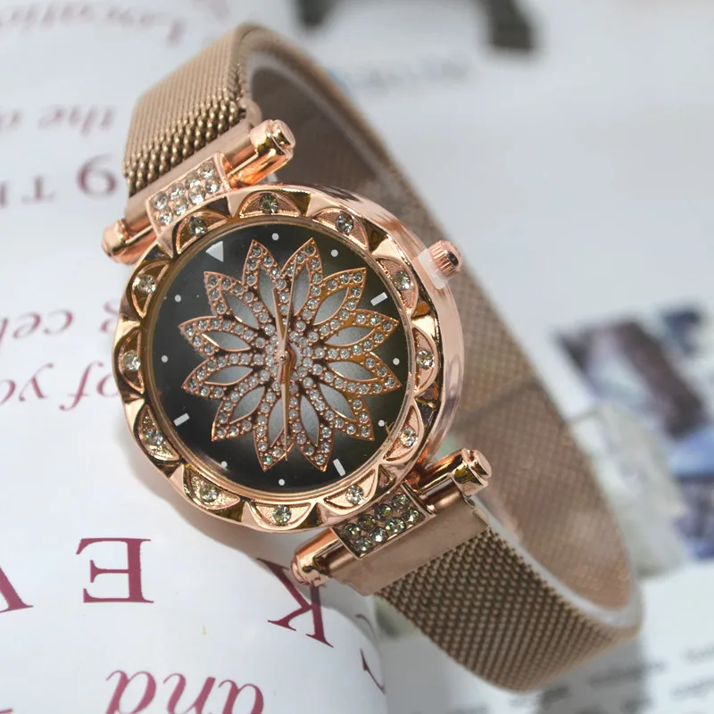

2019 New Fashion Brand Rosy Gold Women Mesh Magnet Buckle Starry Sky Watch Women Flower Quartz Watches Relogio Feminino Hot Sale