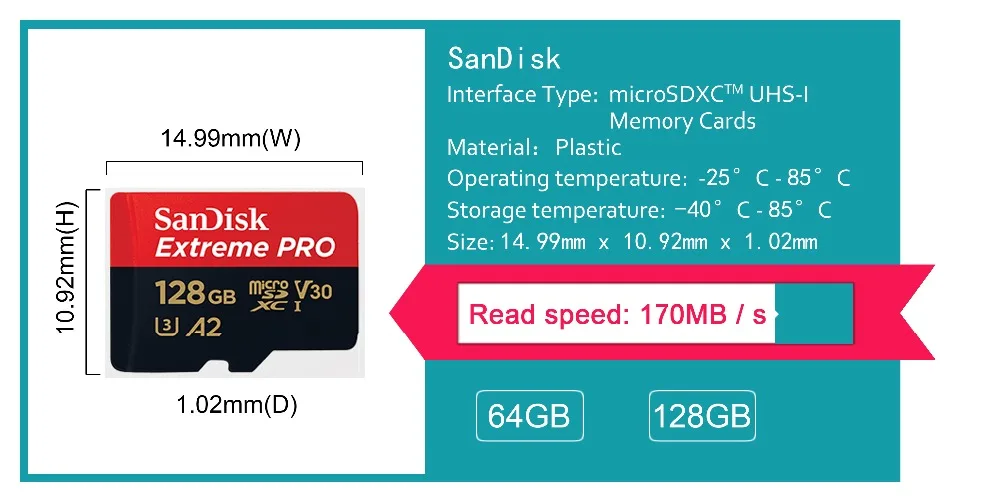 SanDisk Extreme PRo microSDXC/microSDXC UHS-I 64 GB 128 GB A2 карта памяти micro SD карты TF 170 МБ/с. Class10 U3 с адаптером SD