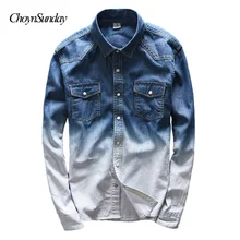 Новая модная градиентная синяя джинсовая рубашка, Мужская одежда для фитнеса, Базовая рубашка для колледжа, Мужская теплая рубашка с длинным рукавом контрастного цвета, мужские рубашки