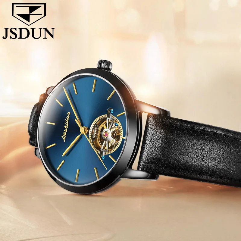 Leather watch strap rose gold casual wrist watch ladies fashion women's watches famous brand JSDUN mechanical dial hollow watch