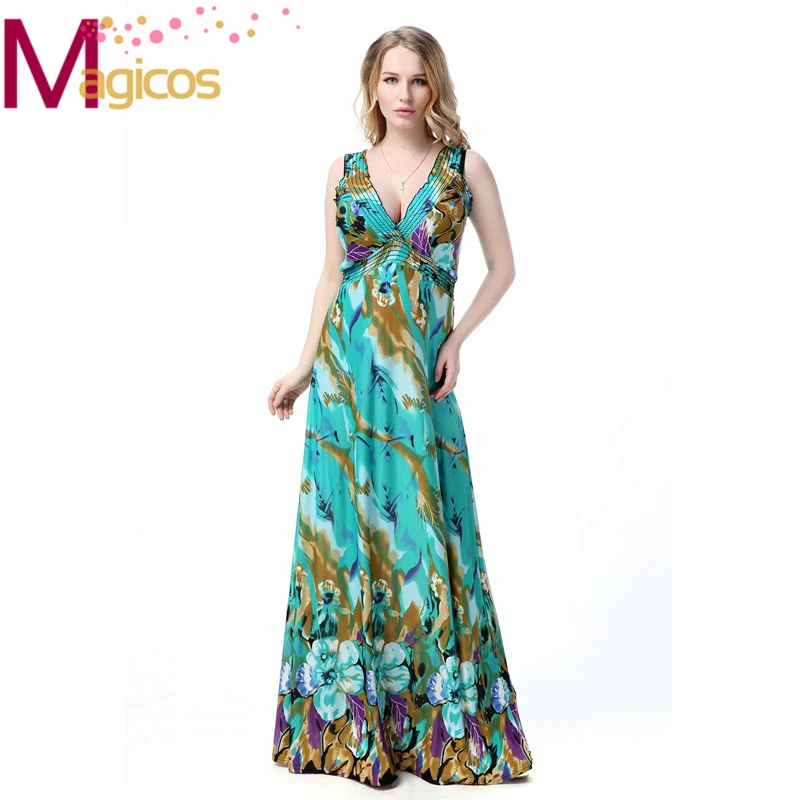 

2016New Summer Women Plus Size V-Neck Sexy Vestidos Green Floral Print Maxi Long Dress Ladies Beach Wear