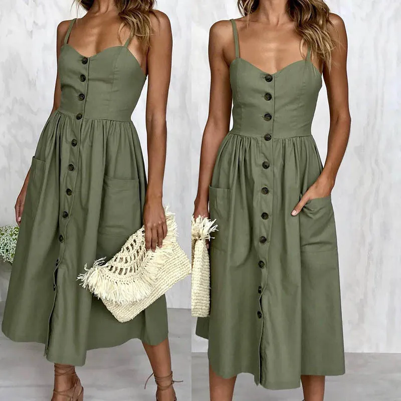 

New Summer Women Boho Off-shoulder Party Beach Sundress Spaghetti Long Dresses Green Plus Size Sexy Button Decorated Print Dress
